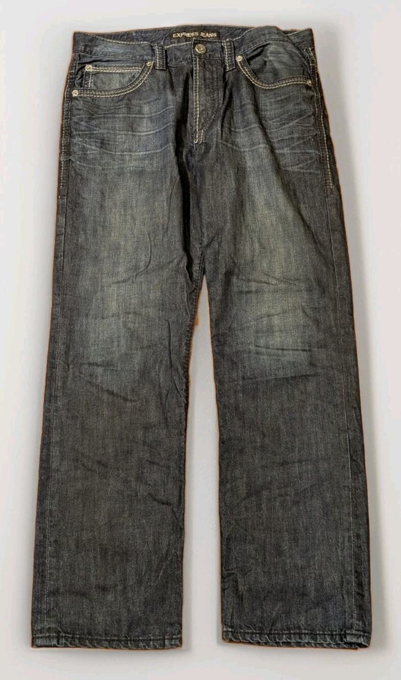 Express Jeans Mens 34x34 Y2K Dark Wash Straight Leg Denim Contrast Stitch 2000s